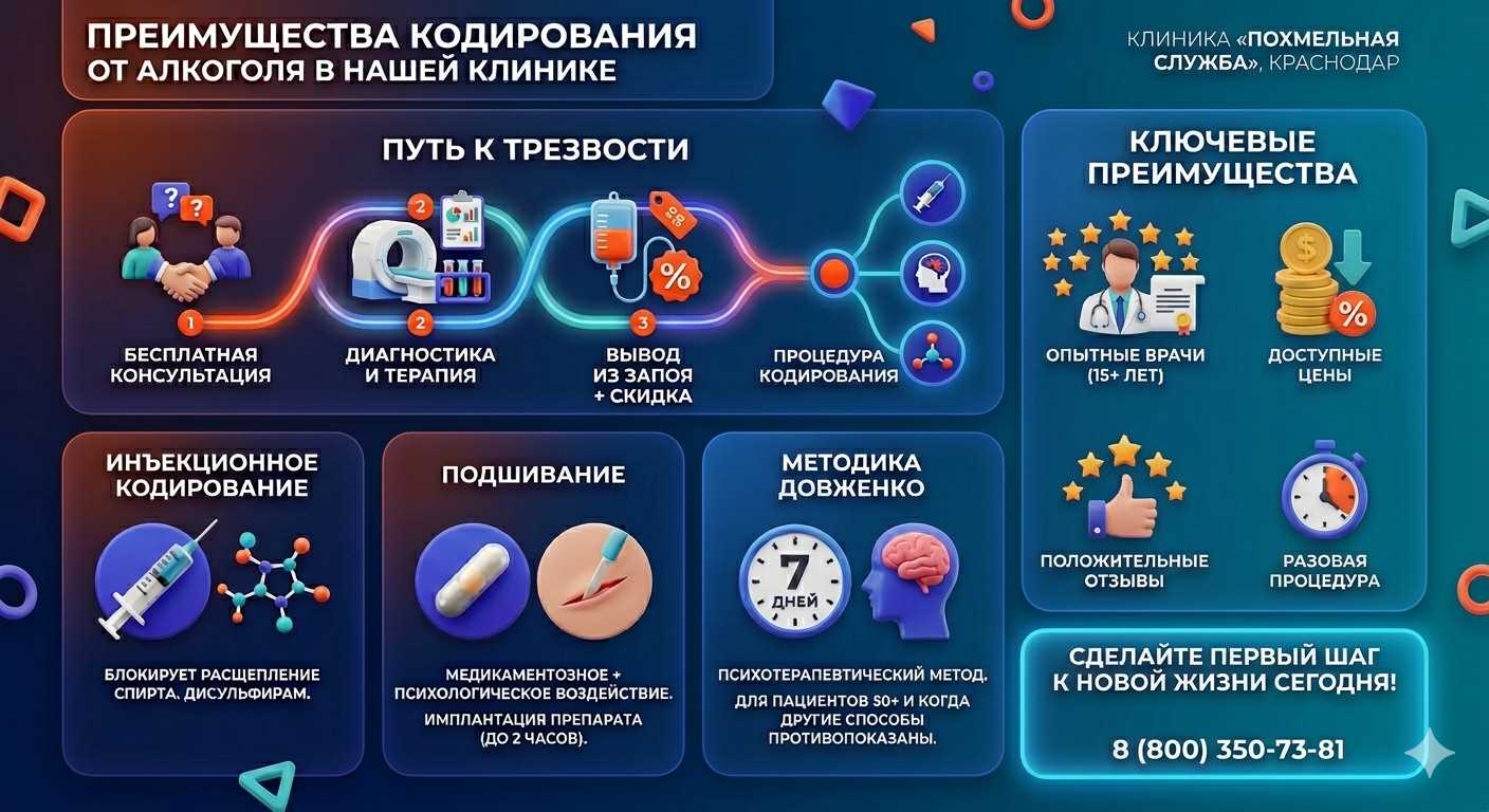 Инфографика о методах кодирования от алкоголя в Ливнах: инъекции, подшивание, метод Довженко. Преимущества клиники и этапы лечения.